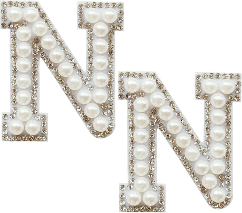 SOYCEV 2PCS White Pearl Iron on/off Rhinestone/Sequin Sparkly Letter Patches for Backpacks & Clothing (N) - Image 1